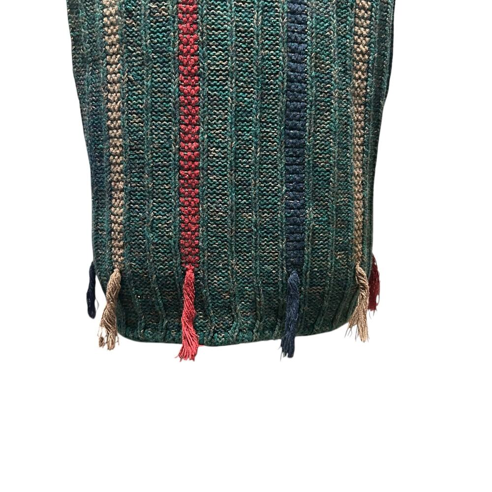 Vintage 90s Green Stripe Ramie Tassel Sweater Vest Cottagecore M Grandpacore - Picture 9 of 16